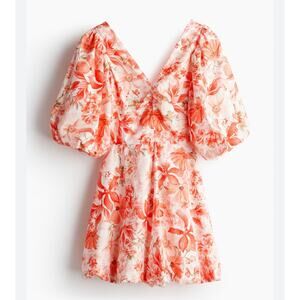 H&M Orange Floral Tie Back Puffy Mini Dress Bubble Hem Puff Sleeve Medium Brunch